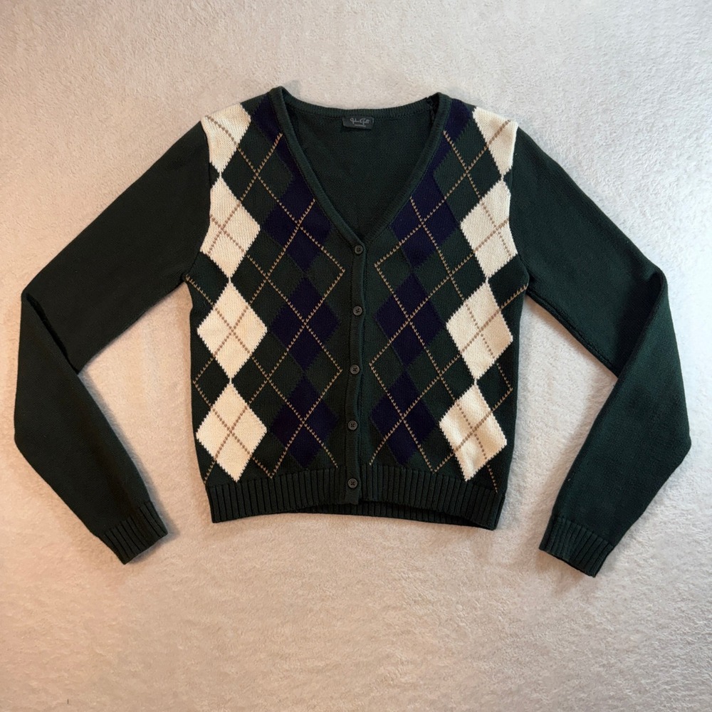 John Galt Brandy Melville Green Argyle Cotton V-Neck Button Cardigan MH341